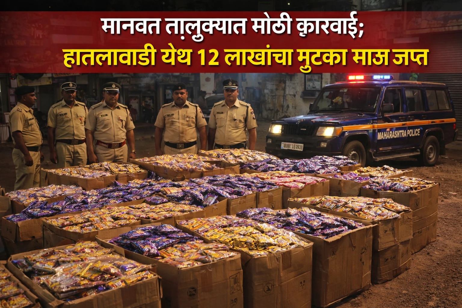 मानवत हातलावाडी येथे पोलिसांनी जप्त केलेला गुटखा साठा