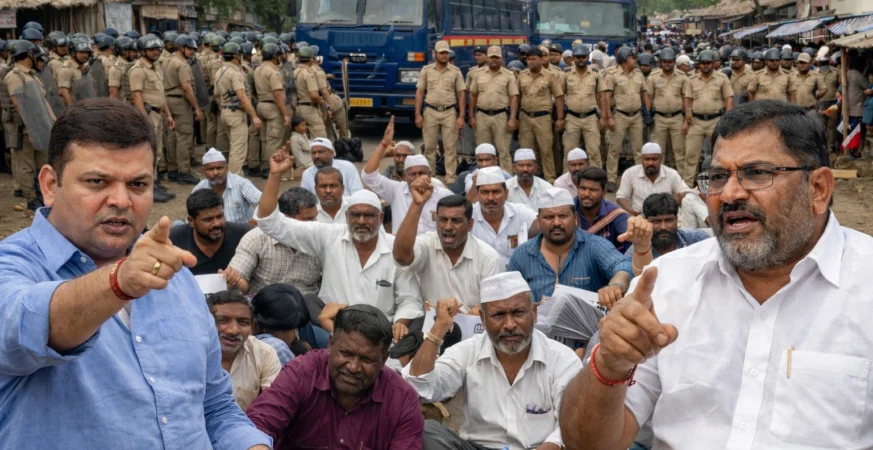 सहजापूर येथे शक्तीपीठ महामार्गाविरोधात आंदोलन करणारे शेतकरी