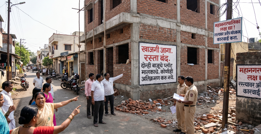 सार्वजनिक रस्त्यावर अतिक्रमण आणि compound मुळे अरुंद झालेला रोड
