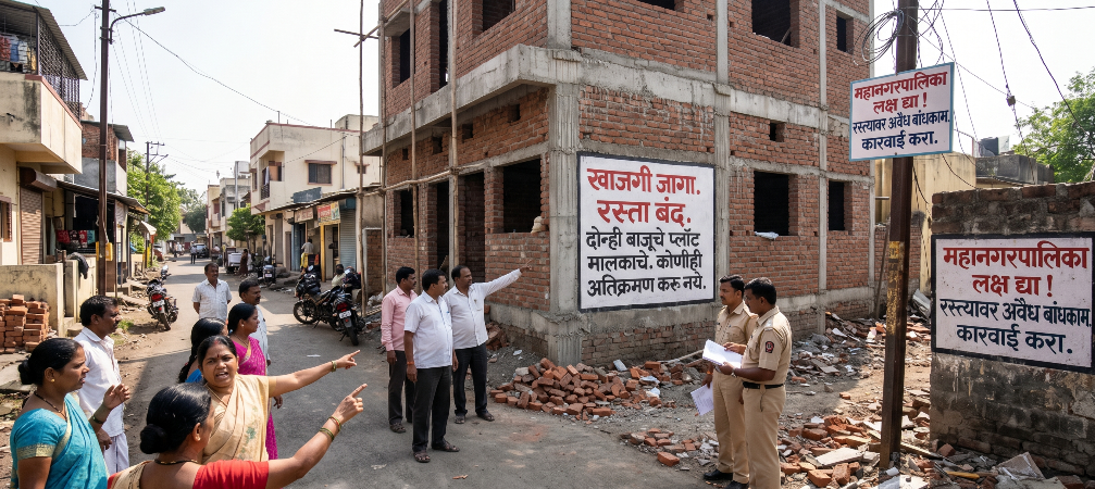 सार्वजनिक रस्त्यावर अतिक्रमण आणि compound मुळे अरुंद झालेला रोड